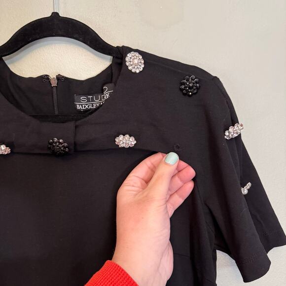 Studio Badgley Mishka Mini Shift Dress Womens M Black Evening Floral Rhinestones - Picture 5 of 9